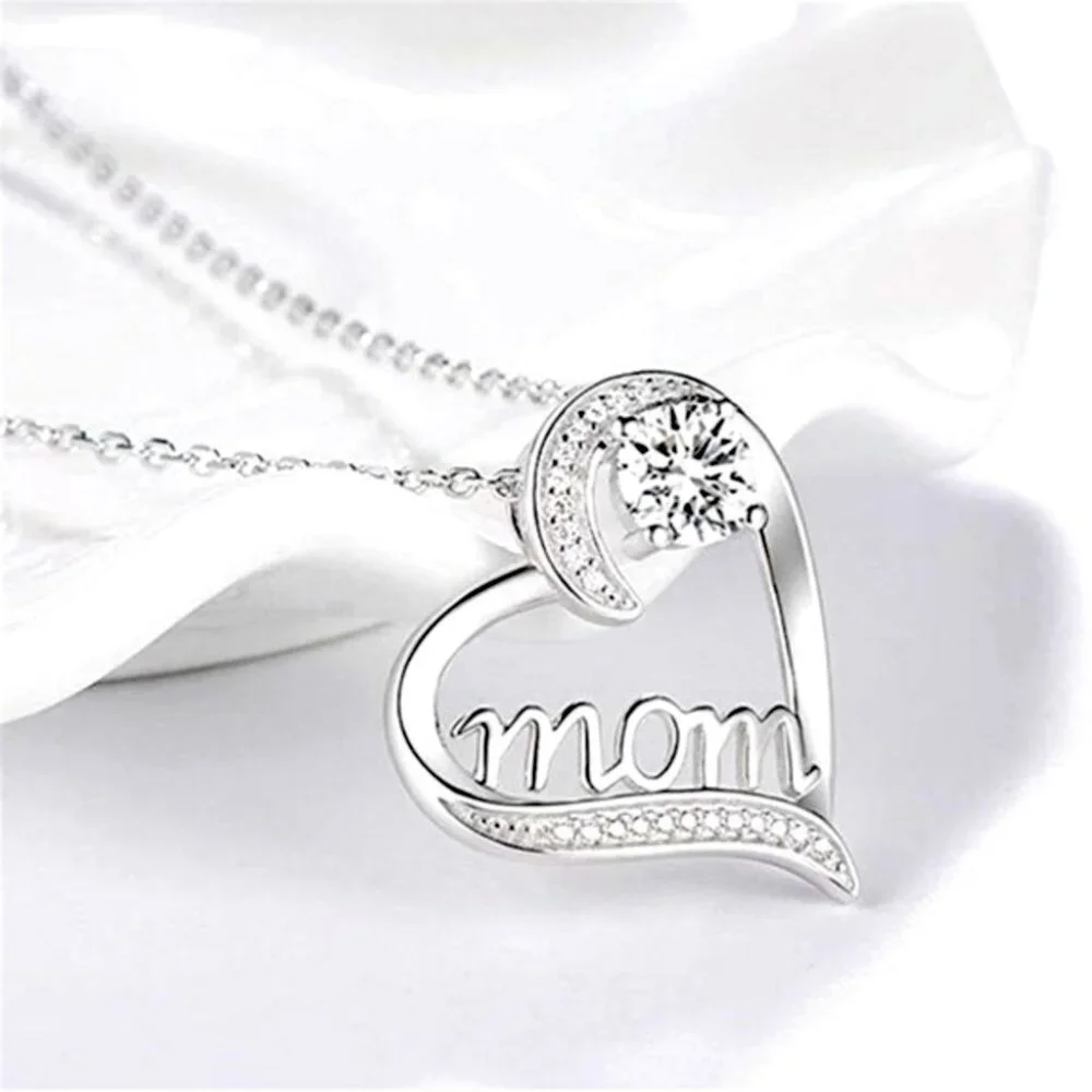 New Beautiful 925 Silver Diamond Mom Heart Necklace
